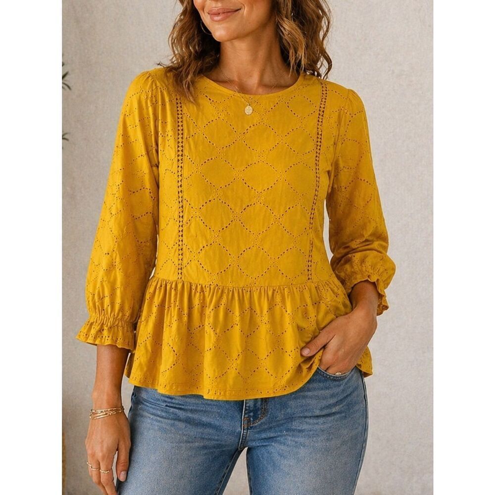 Given Kale Mustard Eyelet Cotton Peplum Blouse Top Size Medium